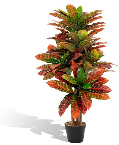 RELAX4LIFE Piante Finte da Interno 100 cm, Albero di Croton Artificiale, Pianta Finta Realistica con Tronco Naturale in Legno, Decorazione Domestica