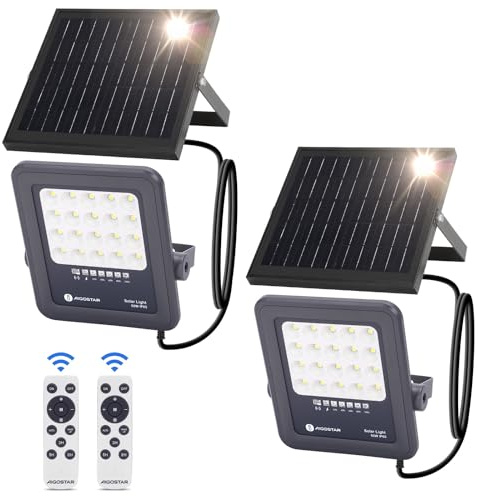 Aigostar Foco proyector LED solar con control remoto,focos solare de 50W, 500LM,luz blanca fría de 6500K,IP65 impermeable Luz solar exterior,para jardín,terrazas,garajes,cable de 2M,Paquete de 2