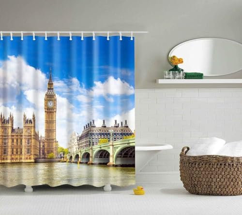 3D Duschvorhang 180x180 London Duschvorhang London Bad Vorhang Antischimmel Wasserdicht Duschvorhänge Textil Polyester für Badezimmer Badewannen mit 12 Haken a6681