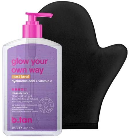 b.tan Kit de gel autobronceador transparente | Next Level Glow Bundle – Sin manchas, secado rápido, loción autobronceadora graduada ultra oscura sin sol, con guante de bronceado