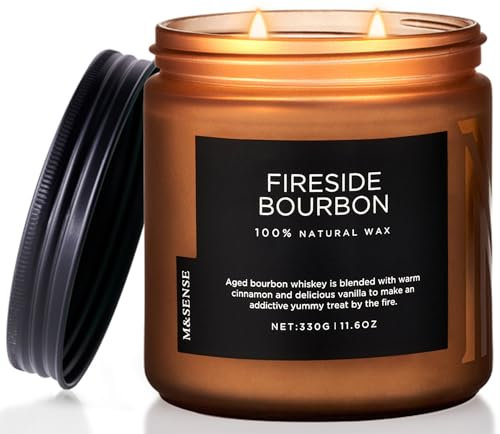 M&SENSE Candela in vaso profumata bourbon da camino, 330g, candela di cera di soia pulita, fino a 70 ore di tempo di combustione, candela fumosa, candela profumata autunnale con 2 stoppini di cotone