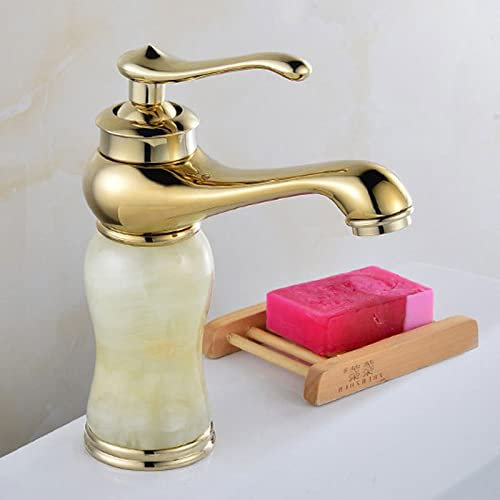 CCKUHN Hot and Cold Washbasin Faucet Countertop Basin Wash Basin Jade Gold Single Hole All-Copper Basin Faucet