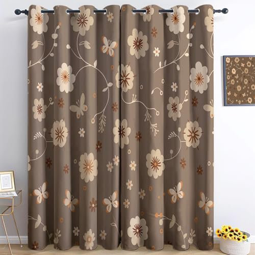 Gedruckte Blackout Vorhänge H260 x B140cm (2er Pack) Energiesparende Vorhänge Thermo- und Schallschutzvorhänge für Schlafzimmer Einfache Wildblumen Bedruckte Braunes Vorhang