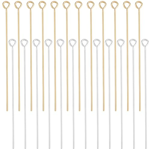 Beebeecraft 1 Box 100 Stück Ösenstifte 18K Gold & 925 Sterling Silber Plattiert Offener Flacher Kopf Biegsame Ösenstifte 50mm Für Die Schmuckherstellung Perlenohrringarmband Halskette DIY