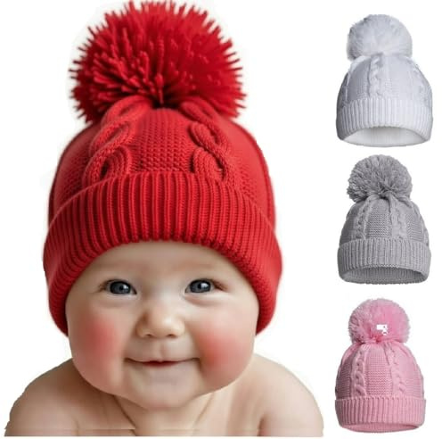 OnlyBee Baby Boys Girls Cable Knitted Winter Warm Bobble Hat Newborn to 12 Months Assorted Colours