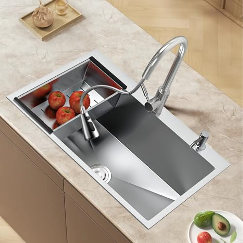 Fregadero Cocina 1 Seno 80 x 50 cm Fregadero Bajo Encimera o Sobre Encimera Con Grifo Fregadero de Acero Inoxidable con Juego de Desagüe