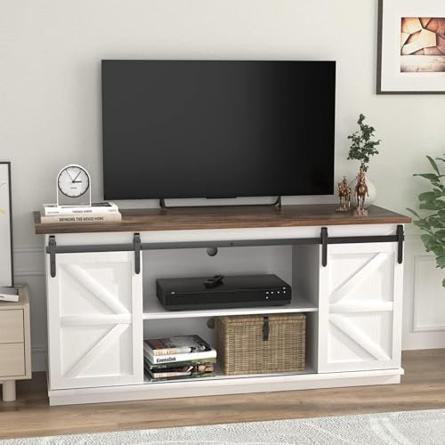 WNGJZZYC Meuble TV 65 Pouces, Meuble Tele avec Armoires de Rangement et Portes de Grange Coulissantes, Meuble Tele Bois, pour Salon, Blanc et Rustique