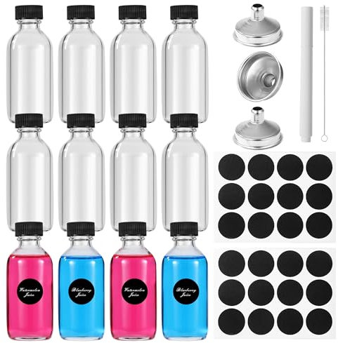 12 Shot Mini Glasflaschen mit Deckel,Ingwer Shot Kleine Flaschen 60ml,Ingwer Shot Flaschen mit Trichter, Etiketten & Stift, für ätherische Öle,Ingwer,Whisky，für Party und Hochzeiten geeignet