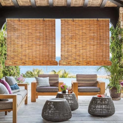 Sonnenschutz Rollo Bambus Mit Lifter, Atmungsaktiver Außen- Schilf Vorhang Mit Montagezubehör, Anpassbar Bambusrollo Für Terrasse, Handgewebt Sichtschutz, Einfache Montage Balkon Trennwand(Carbonized)