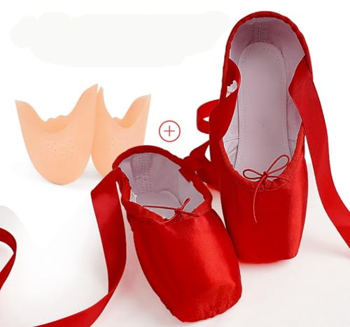 KAISUN Chaussures de Ballet de Pointe Chaussures de Danse Professionnelles avec Rubans de Satin et Protège-Orteils pour Ballerines Femme Fille(Red,39 EU)