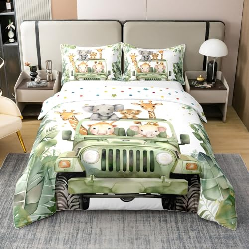 Homewish Coton Dessin Animé Girafe Literie Set 220x240,2 Taies d'oreiller,Éléphant Housse de Couette,Thème Animal Parure de Lit,Camion Linge de Lit,Plantes Tropicales Couvre Lit,Vert Blanc
