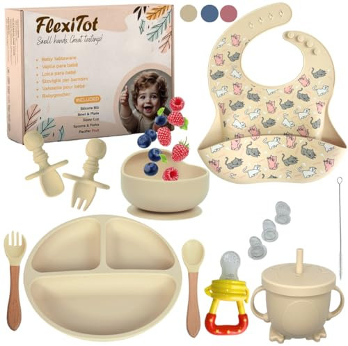 Vajilla Para Bebe de Silicona - Vajilla Niños | Baby Tableware, Blw Utensilios, Plato Ventosa Bebe, Vaso Aprendizaje Bebe 6 Meses Precucharas Bebe, Cucharas Bebe Aprendizaje, Guía Recetas BLW, Beige