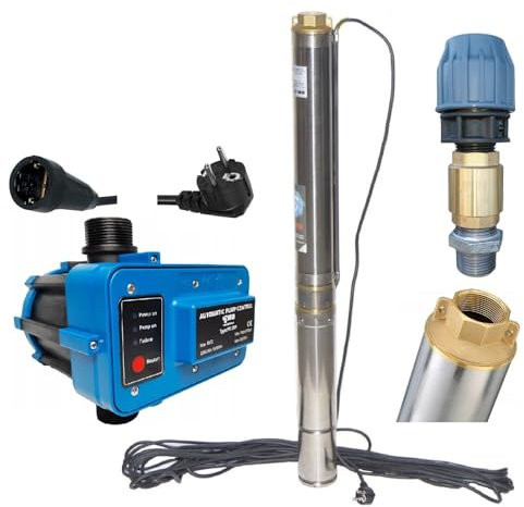 PAG Turbo GmbH® - Tiefbrunnenpumpe 3,5 - 4200L/h - 7,3bar sandverträglich, Pumpensteuerung PC-20P, Anschlussset mit Rückschlagventil für Brunnen ab 100mm