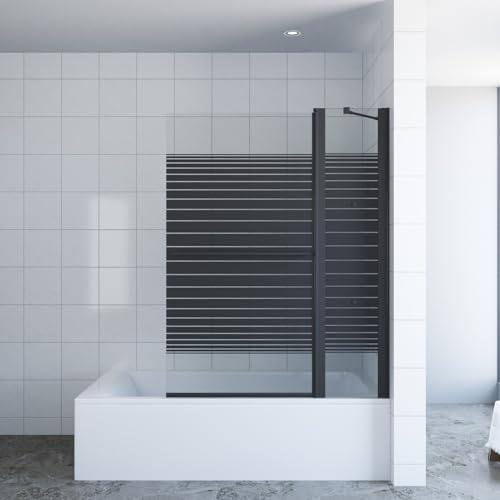 Duschabtrennung für Badewanne Schwarz 110 x 140 cm Badewannenaufsatz Duschtrennwand Faltwand Badewannenfaltwand Duschwand Glas Dusche Festteil mit Eckregale 5 mm Sicherheitsglas NANO AQUABATOS