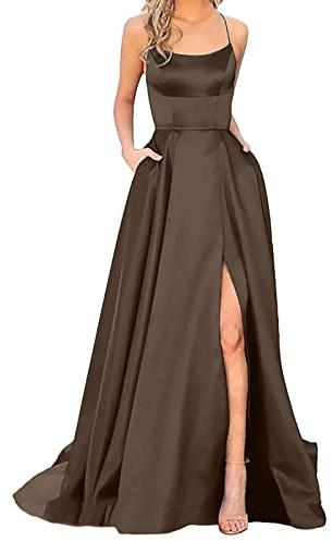 Robe de bal 2025 pour femme - Élégante - Dos nu - Robe longue - En satin - Spaghetti - Fente latérale - Pour mariage, soirée - Avec poches - Robe décontractée, marron, S
