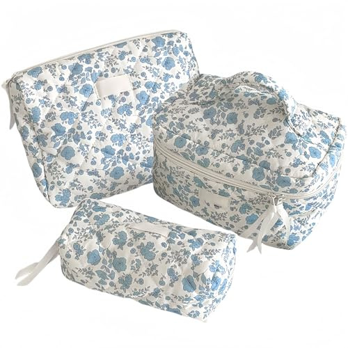 Aesthetic Cosmetic Bag,Reise Blumen Muster Schminktasche,3er Set Kosmetiktasche,Damen Gesteppte Kulturtasche mit Blumenmuster,Reise Kosmetiktasche Set Damen,Makeup Bag für Alltag und Reisen