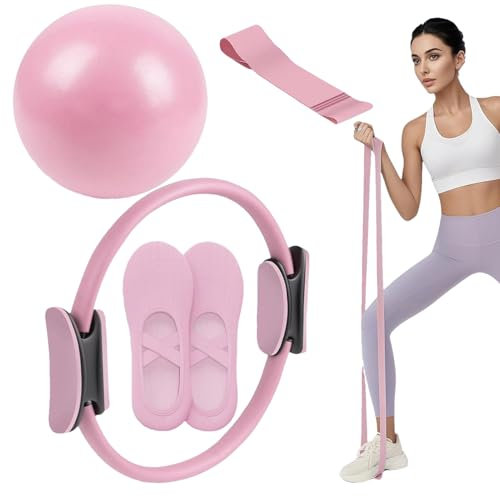 Pilates Ring Set | 4 Pilates Set für Zuhause | Tragbares Pilate Ring und Ball Sets | Yoga Fitness Equipment Stretch Muskelball | Long Resistance Bands & Grip Socks für Frauen (Zufällige Socken)