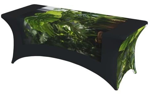 FBGHHTY Monstera Deliciosa - Mantel rectangular elástico con estampado de palmera de plátano para mesas rectangulares grandes, fácil instalación