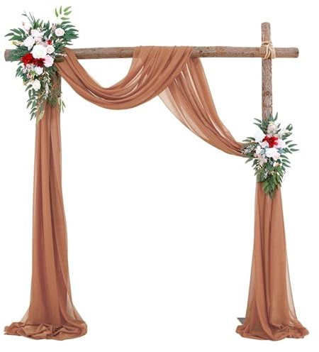 Chickwin Hochzeit Vorhang Hochzeitsbogen mit 2 Bändern, Weich Hängend Tüll Querbehang Himmelbett Vorhänge,Transparent Voile Dekoration, Fotohintergrund Party Hochzeitsdeko (Braun,75x1000cm)