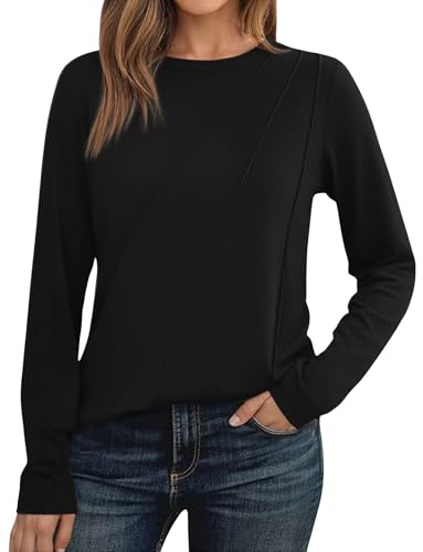 Demegimi Tee Shirt Femme Manches Longues Haut Femme Casual Col Rond T Shirt Oversize Femme Confortable et Tendance pour Automne Hiver Quotidien,Noir,L