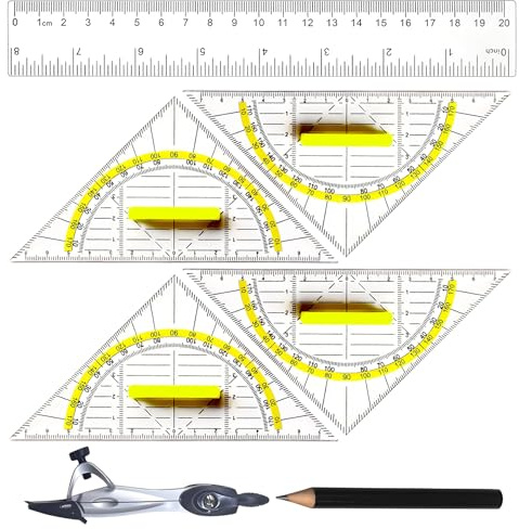 YPYMOD Mathematik-Geometrie-Set mit 4 Stück Geodreieck(16cm) mit Griff, Lineal(20cm), Kompass, Bleistiften und mehr für Schüler, Lehrer und Mathematikliebhaber