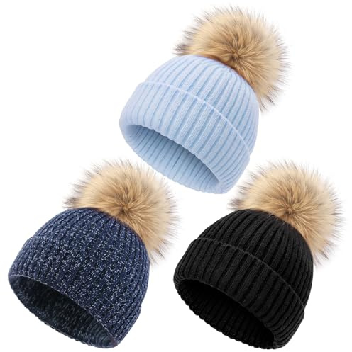 DRESHOW Gorro Bebe Invierno Gorro Lana Niño Sombreros Unisex de Punto Suave para Niños y Niñas con Pompón Bonito Gorros Cálidos para Niños de 0-36 Meses