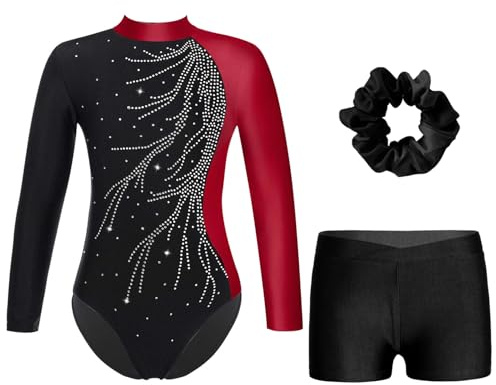 Moggemol Mädchen Turnanzug Glitzer Gymnastikanzug Mit Turnshorts Haarband Langarm Gymnastikbody Turntrikot Leotard Set Gymnastik Kleidung Tanzkostüm