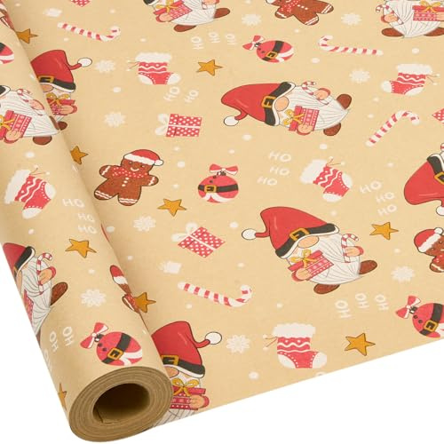 Christmas Kraft Wrapping Paper Roll : Recyclable Festive Design Christmas Wrapping Paper for Xmas Gift Wrapping Party Decoration - 43cm x 15M