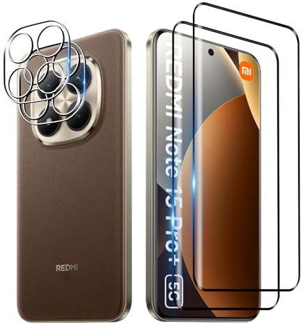 Bihizei Protector de Pantalla para Xiaomi Redmi Note 15 Pro +/Plus 5G/POCO M8 Pro, 2 Piezas 3D Protector Cristal Templado + 2 Protector de Lente Cámara, Fácil de Instalar, Anti-Arañazos, 9H Dureza
