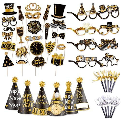 JNYUTEEN 48 Stück Neujahr Foto Requisiten, Silvester Deko 2026 Dekoration Set, Schwarz Gold Fotorequisiten Neujahr Brille Hut Silvesterdeko für Silvester Party Dekoration Accessoires