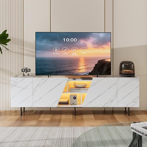 Skandinavisk TV-möbel i vitt, 220 cm, med förvaring, LED-TV-möbel, 4 dörrar, öppen förvaring, TV-bord för vardagsrum, modern design, lågt skåp, TV-bänk för vardagsrum och sovrum (vit + marmoreffekt)