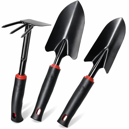 Set d’Outils de Jardin 3 Pièces avec Poignées Antidérapantes, Pelle, Transplantoir et Binette Double en Acier Inoxydable pour Planter, Creuser, Désherber, Potager, Balcon et Serre