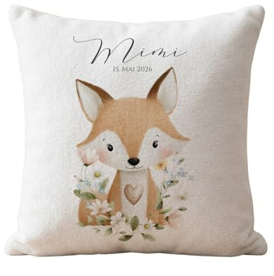 Personalisierte Kinderkissen mit Namen flauschig – Süße Waldtiere Motive im Boho Design – Kuschelkissen 40x40 cm inkl. Füllung für Baby & Kind – Geschenk zur Geburt, Taufe & Geburtstag (Fuchs)