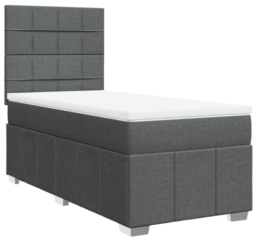 mtlskopl Boxspringbett mit Matratze und Topper 90x200 cm, Polsterbett Dunkelgrau mit höhenverstellbarem Kopfteil und Lattenrost, Stoff Einzelbett Bettanlage komplett fürs Schlafzimmer