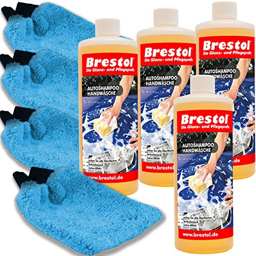 Brestol Autoshampoo SET3 4x 1000 ml Konzentrat + 4x Waschhandschuh - Autowäsche Abperleffekt geeignet für Foam Master Schaumsprüher Schaumsprühgerät oder manuelle Fahrzeugwäsche