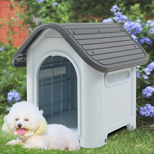 [en.casa] Caseta Perros Exterior Bello Refugio para Mascota con Ranuras Integradas Base Elevada Sistema de Encaje Resistente al Clima Plástico 75 x 59 x 66 cm - Blanco/Gris