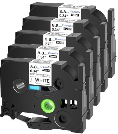 SuperInk 5 Stück kompatibel mit Brother HSe-221 HSe221 HS-221 HS221 schwarz auf weiß Schrumpfschlauch-Etikettenband für PT-D210 PT-D400 PT-E300 PT-E500 PT-P750WVP Drucker (0,34 Zoll x 1,5 m, 8,8 mm m)