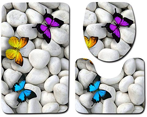 JMAHM 3 Piece Set Bath Mats Non Slip Bathroom Rug Mat Pedestal Mat Toilet Seat Cover Mat (White stone)