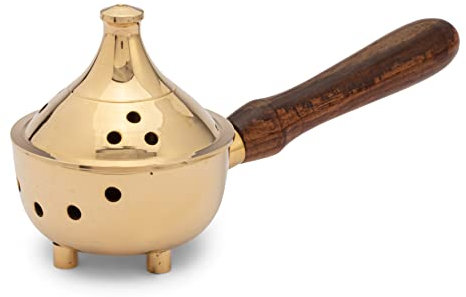 NKlaus Räucherpfanne Messing Gold D 17cm mit Holzgriff Weihrauchgefäß massiv Handarbeit 2710