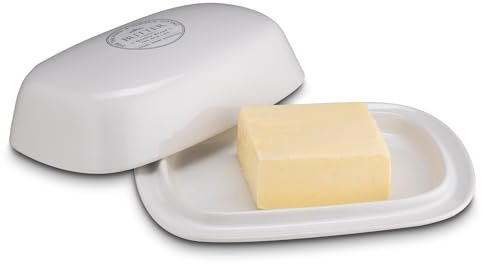 KHG Butterdose Keramik Steingut Weiß für 250g Butter mit Beschriftung, Butter-Aufbewahrung Butterbehälter, Deckel opak, Butterbox rechteckig & glänzend glasiert mit Emaille