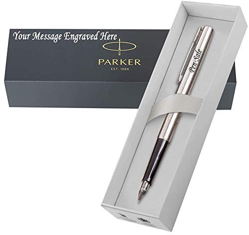 Personalised Engraved Parker Jotter Steel Fountain Pen Plus Black ink Cartridge, Fountain Pen or Set, Plus Option of Box Engraving - Enter Your Custom Text