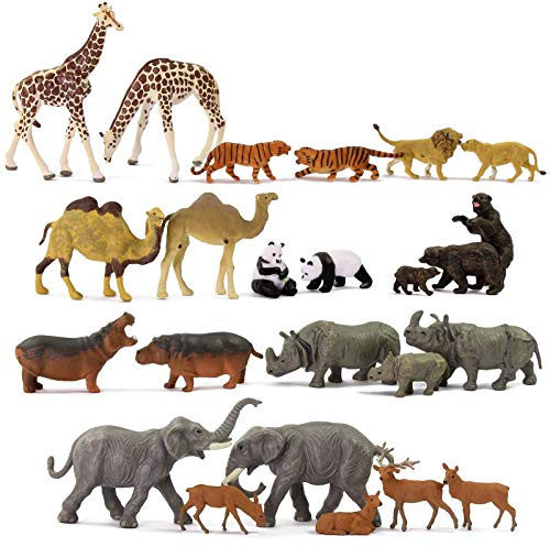 Evemodel 24Stk Modelleisenbahn H0 Spur 1:87 Wildtiere PVC Elefant Kamel Giraffe Panda Tiger Lion Similation Tierfiguren