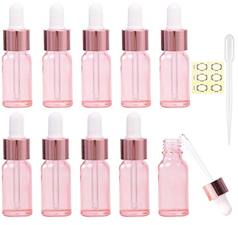 Alledomain 10Pcs, 5ml Rose Gold Glass Bottles with Dropper Pipettes, Mini Empty Dropper Bottles RoseGold Metal Cap Refillable Sample Container for Essential Oil/Aromatherapy Blends/Chemical Liquid
