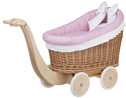 e-wicker24 Alles aus Weide Puppenwagen aus Weide mit Bettwäsche perfekte Geschenkidee Korbpuppenwagen schöner Spielzeug aus Korbgeflecht Korbwagen für Puppen Spielzeug für Mädchen (Schwan, Pink)