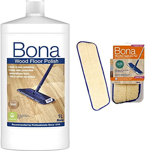 Bona Wood Floor Polish, Matt, 1 Litre & Microfiber Applicator Pad