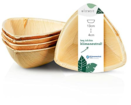 wisefood Palmblatt Schale - 50 Stück Einweg Schüssel dreieckig 13cm - Biologisch abbaubares Palmblattgeschirr - Ideal als Einweg Früchteschale, Salatschälchen oder Dessertschale