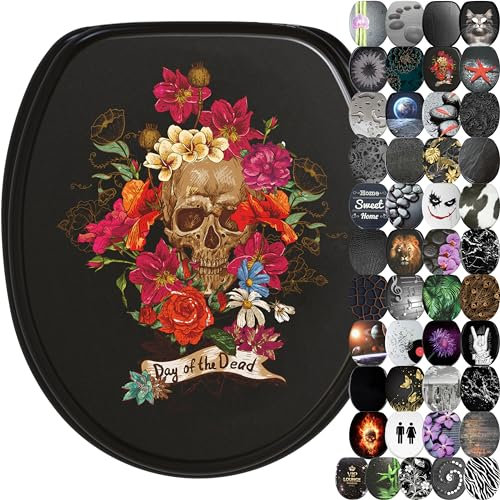 Sanilo WC Sitz mit Absenkautomatik, viele schöne schwarze Toilettendeckel zur Auswahl, hochwertige und stabile Qualität aus Holz (Day of the Dead)