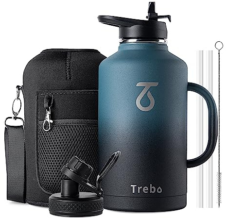 Trebo Bouteille d'eau de 1,10 l isotherme avec poignée - Grande carafe en acier inoxydable à double paroi - Bouteille de voyage avec couvercle à bec à paille - Gobelet avec pochette de transport -