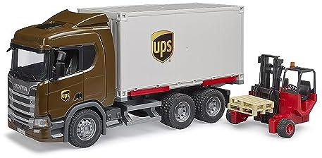 bruder 03582 - Scania Super 560R Camion logistique UPS avec chariot élévateur embarqué, Véhicules, Livraison de colis, Expédition, Chariot élévateur, Transporteur, Jouets à partir de 4 ans