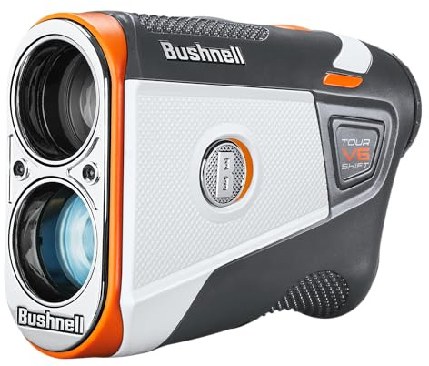 Bushnell Golf Tour V6 - Telemetro laser con compensazione della pendenza, portata di 1300 metri, vibrazione blocco bandiera, supporto magnetico su carrello, ingrandimento 6x, impermeabile, legale per